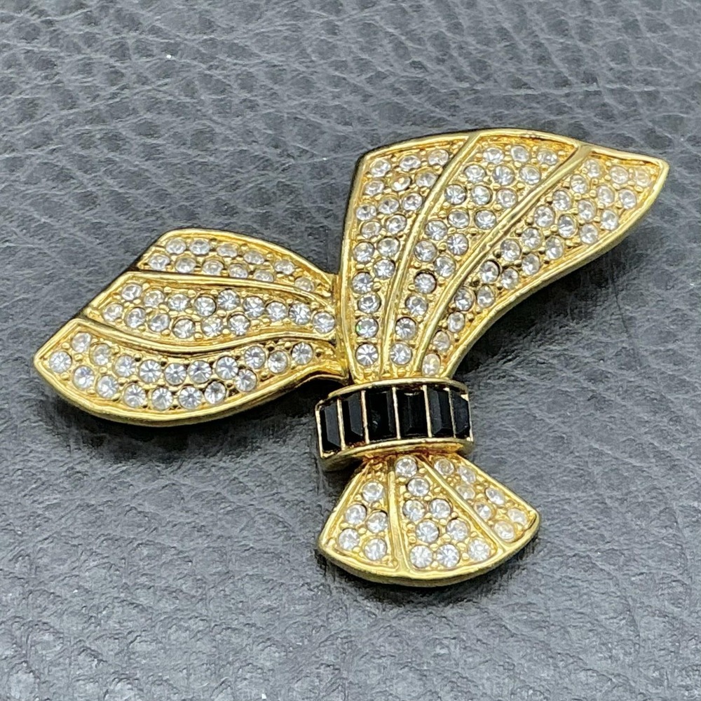 Gold Tone Bow Brooch Pin Pave Rhinestone Ribbon Black Baguette Crystals‎ Costume